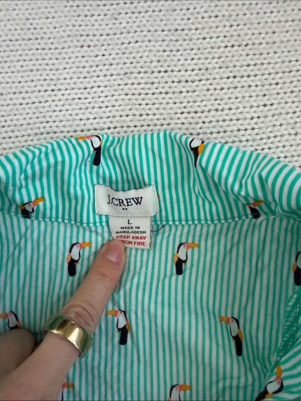 J Crew 100% Cotton Toucan Print Green/White Striped Pajama Set Size Large - Picture 2 of 8